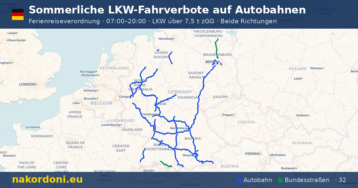Sommerliche LKW-Fahrverbote — Interaktive Karte der Samstags-Fahrverbote auf Autobahnen (Jul–Aug)