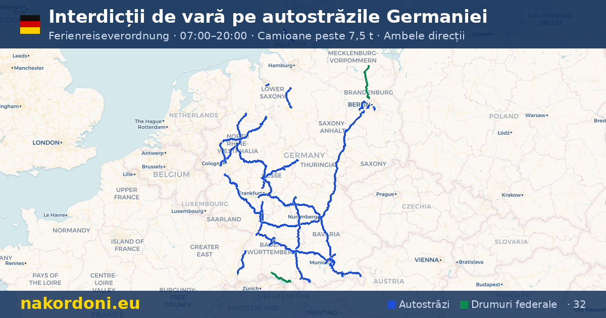 Interdicții de vară în Germania — Hartă interactivă a interdicțiilor de sâmbătă pe autostrăzi (iul–aug)