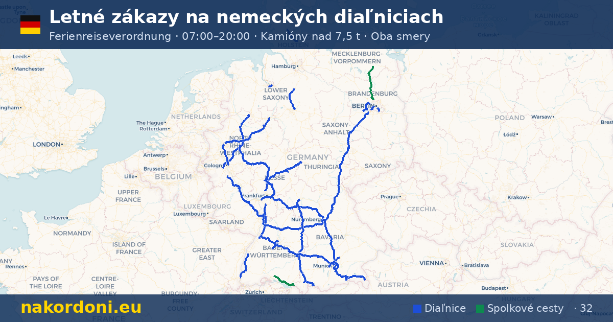 Letné zákazy v Nemecku — Interaktívna mapa sobotňajších zákazov na diaľniciach (júl–aug)