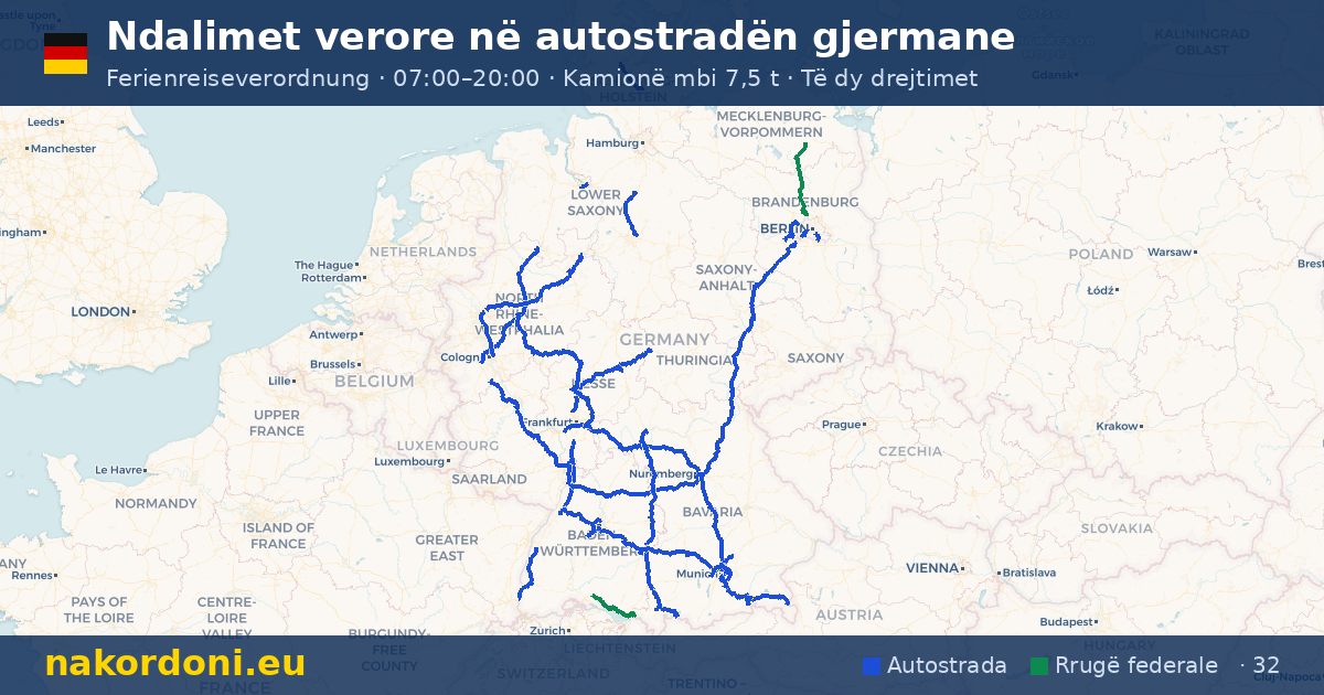 Ndalimet verore në Gjermani — Harta interaktive e ndalimeve të shtunës në autostrada (kor–gus)
