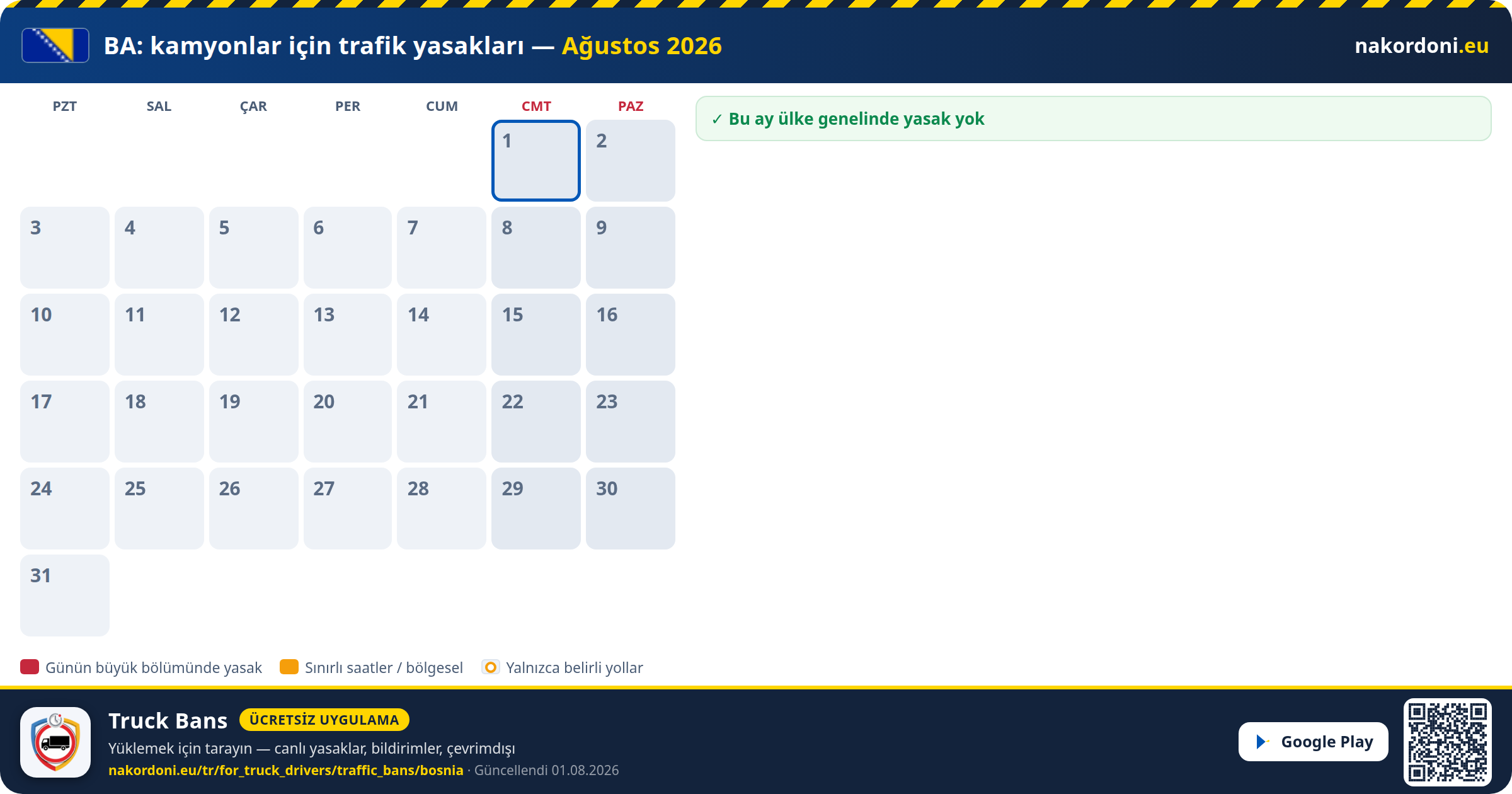 Bosna-Hersek — Kamyonlar için trafik yasakları
