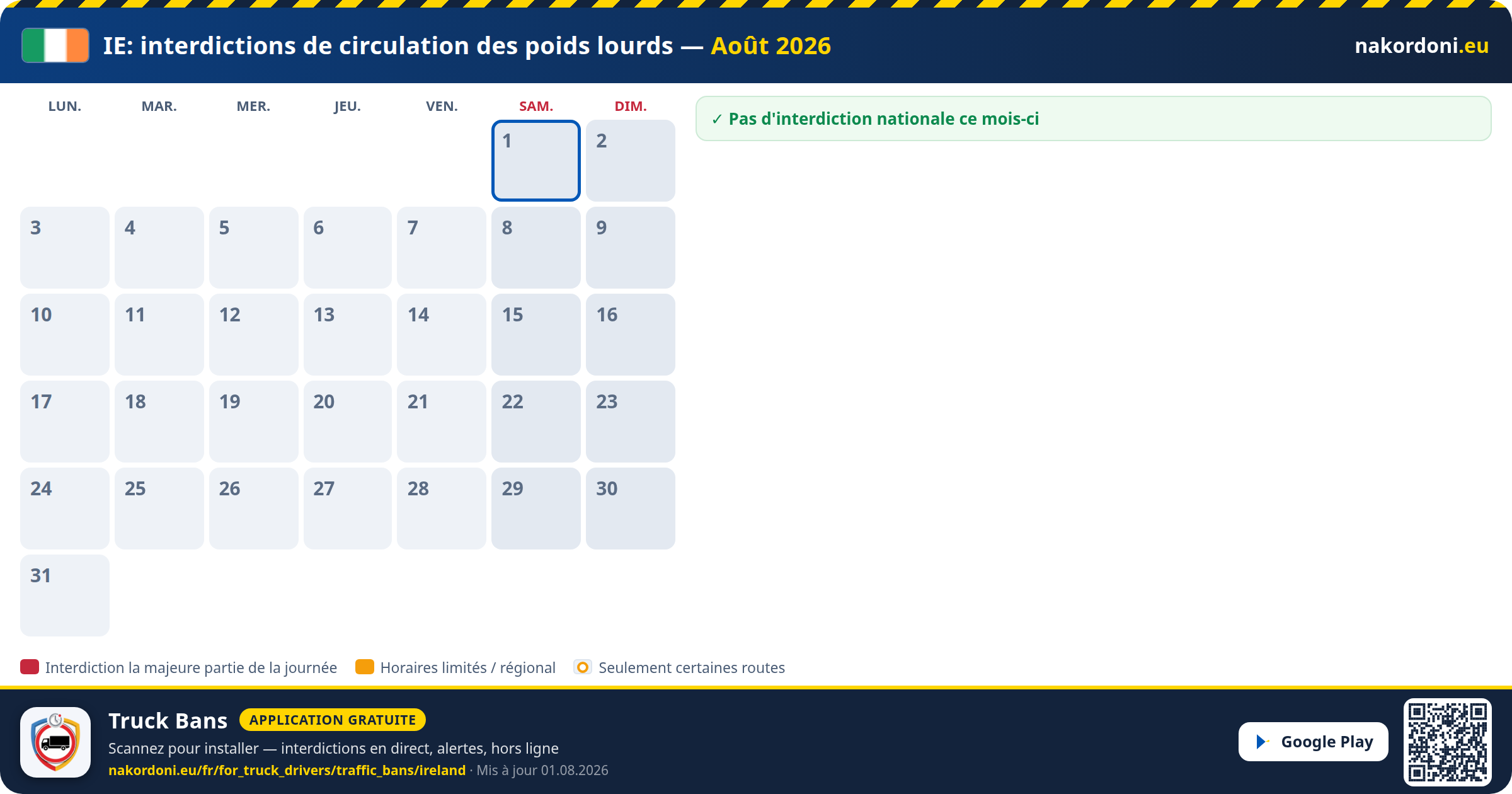 Irlande — Interdictions de circulation des poids lourds